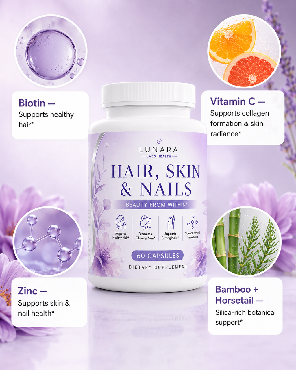 Lunara Hair, Skin & Nails Capsules – Daily Beauty Support