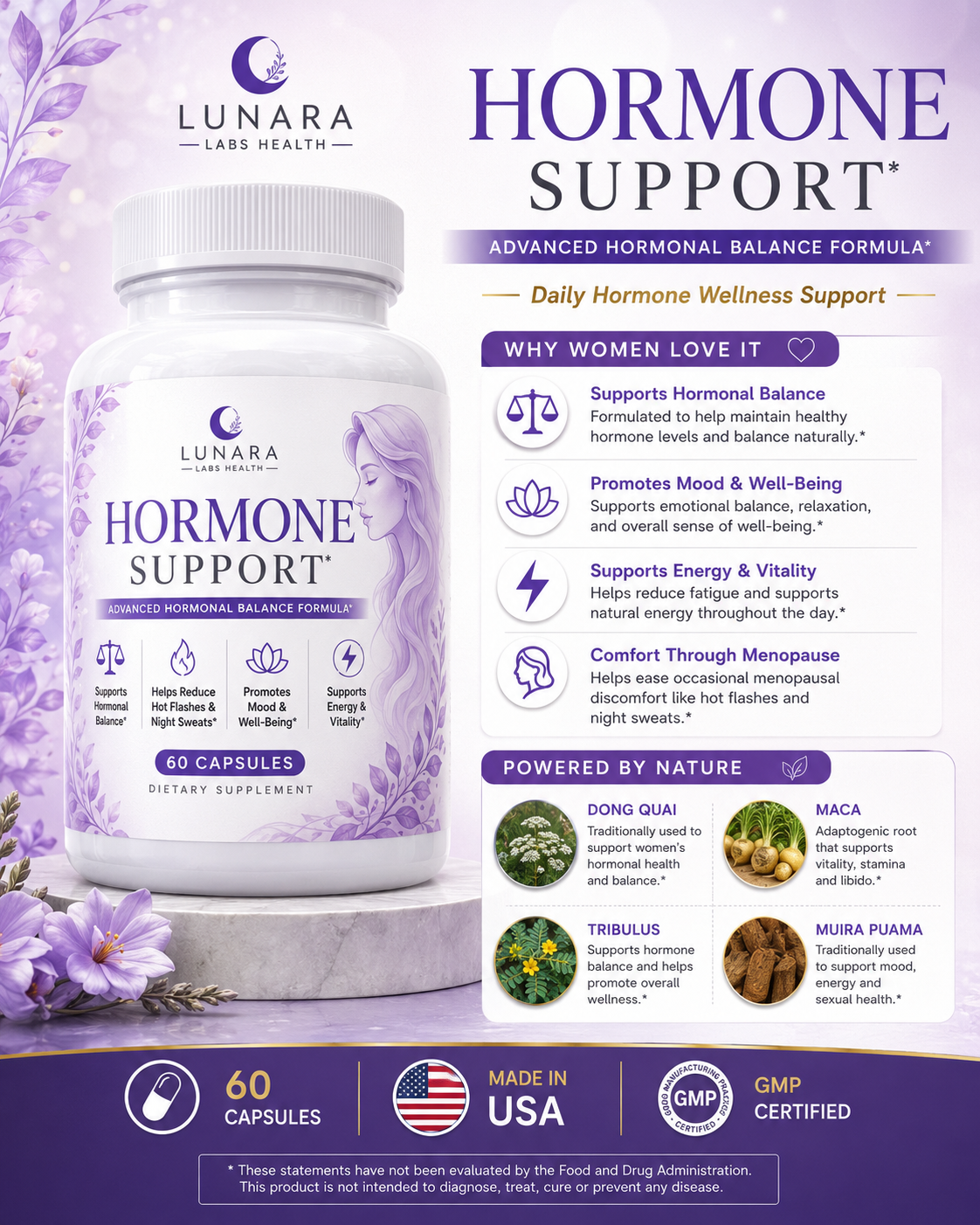 Lunara Labs Hormone Support bottle — natural balance and harmony formula for women