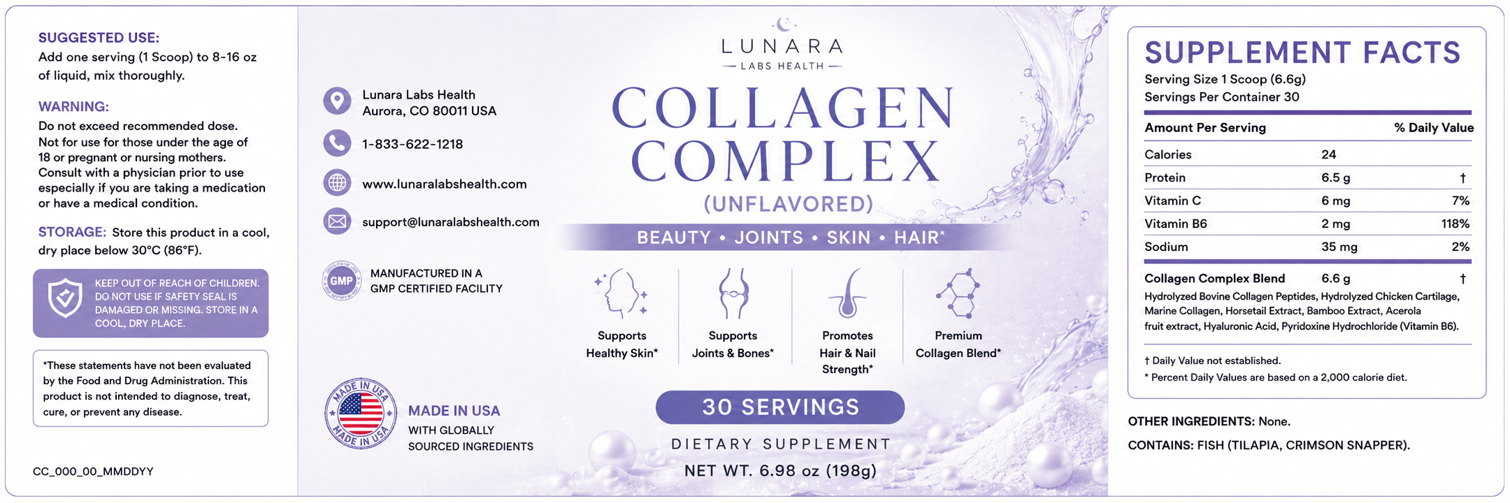 Lunara Labs Collagen Complex Powder — Joints, Skin & Hair Support